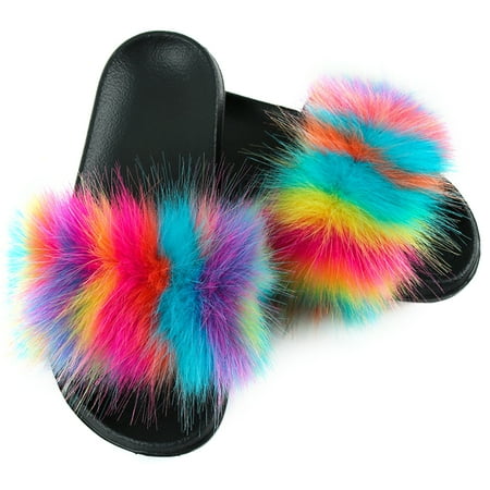 

Coxeer Women Furry Slippers Fashion Anti-skid Faux Fur Slippers Fluffy Sandals for Girl