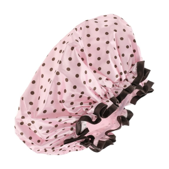 Unique Bargains 1 Pc Women Double Layer Dots Shower Cap for Bathroom Vacation Travel Pink Brown Satin PEVA