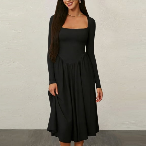 Mceream Womens Spring Dresses for Wedding Guest Fashion 2026 Square Neck Long Sleeve Casual A-Line Midi Dress Bodycon High Waist A Line Evening Gown Black M