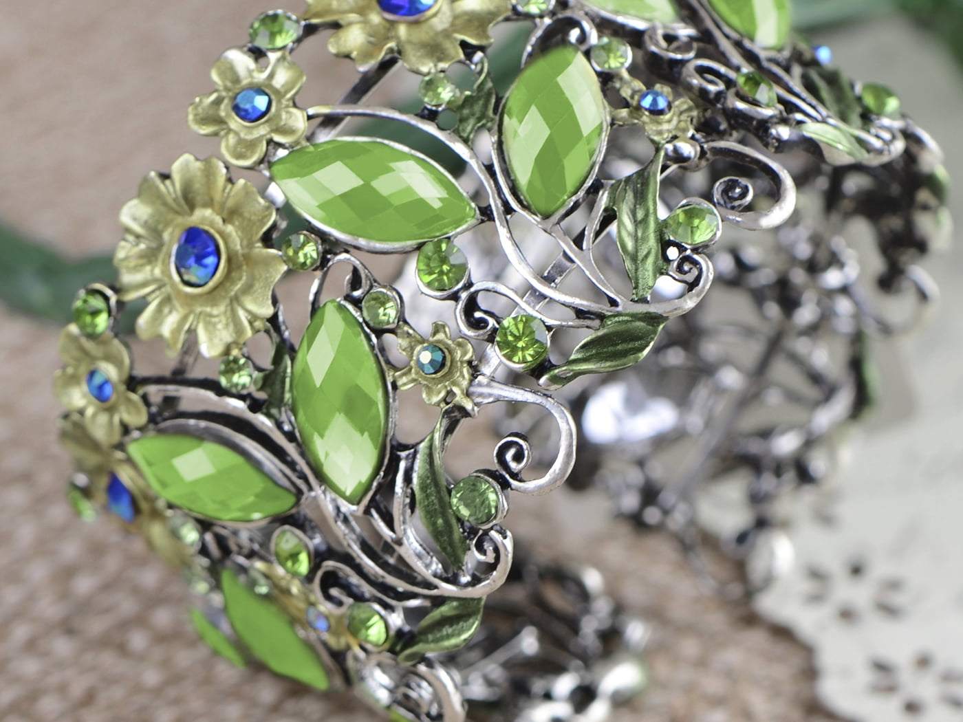 ブレスレット Green Floral Stone Cuff Bracelet Antique Floral Green Blue Crystal Rhinestone Yellow Flower