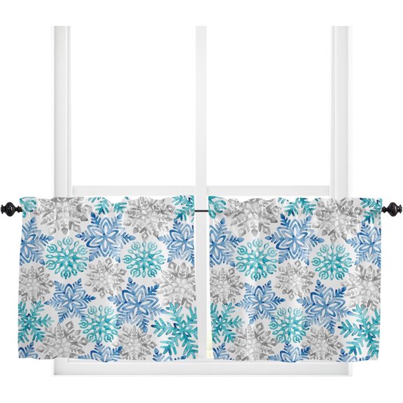 Xmax Snowflake Kitchen Curtain 2 Panels Tiers Curtains 24 Inch Length, Winter Christmas Turquoise Teal Blue Curtains Rod Pocket Curtains Window Drapes Treatment Window Cafe Curtains 55''''x24''''