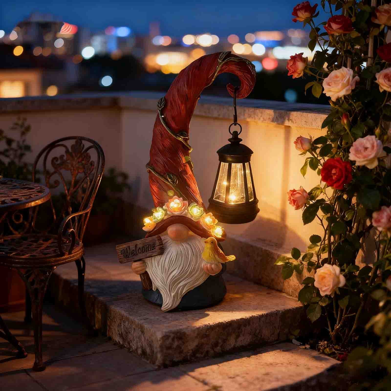 Vggrvlo Gnome Garden Decor Statue Solar Gnomes Decorations for Yard with Lantern Light Outdoor Decorations for Patio Best Christmas Gift