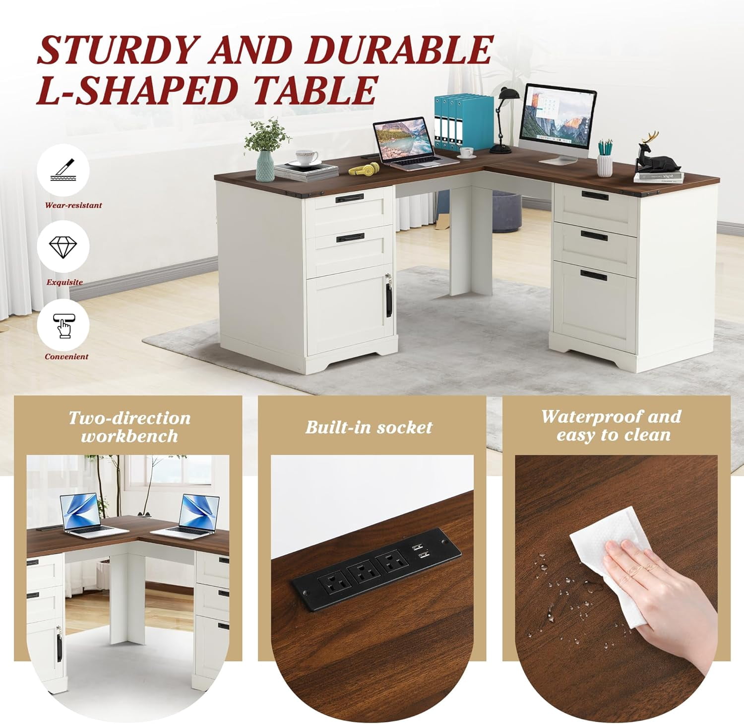 Grepatio 60" Farmhouse L Shaped Desk with Drawers, Executive Desk with Storage, Home Office Corner Desk with Charging Station, 2 Person Computer Writing Desks, Key Lock Filing Cabinet (Antique White)