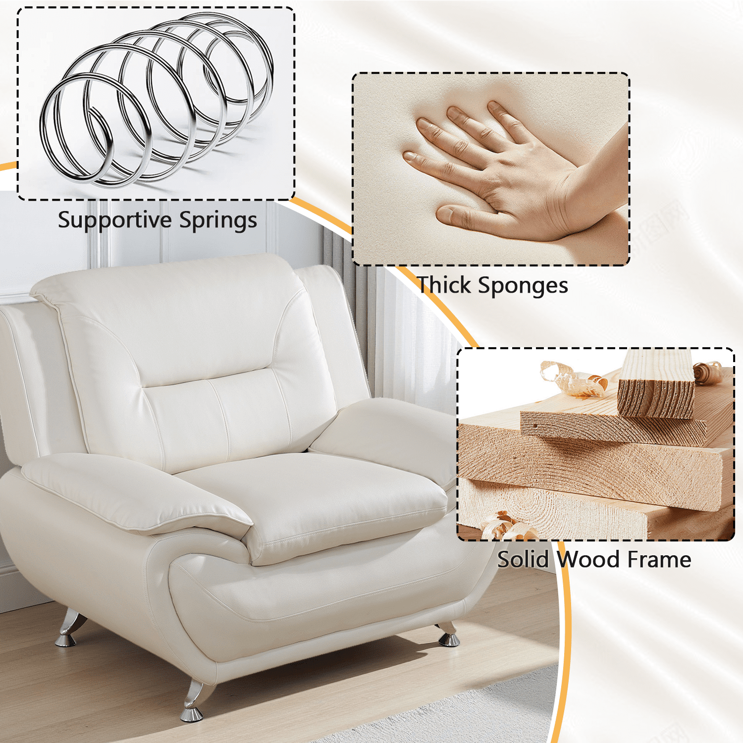 Caberryne Leather Couch Set,Modern Sofa for Living Room Furniture Sets,46" Modern Chair for Living Room/Office/Bedroom/Apartment(Cream)