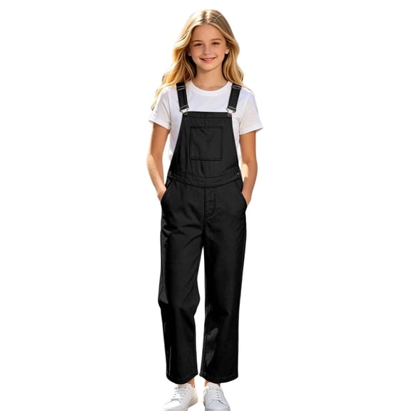 Tisuna Kids Boys And Girls Overalls Pants Solid Color Sleeveless Suspender Trousers With Pocket Casual Breathable Child Straight Leg Pants Black Size 5-6 Years