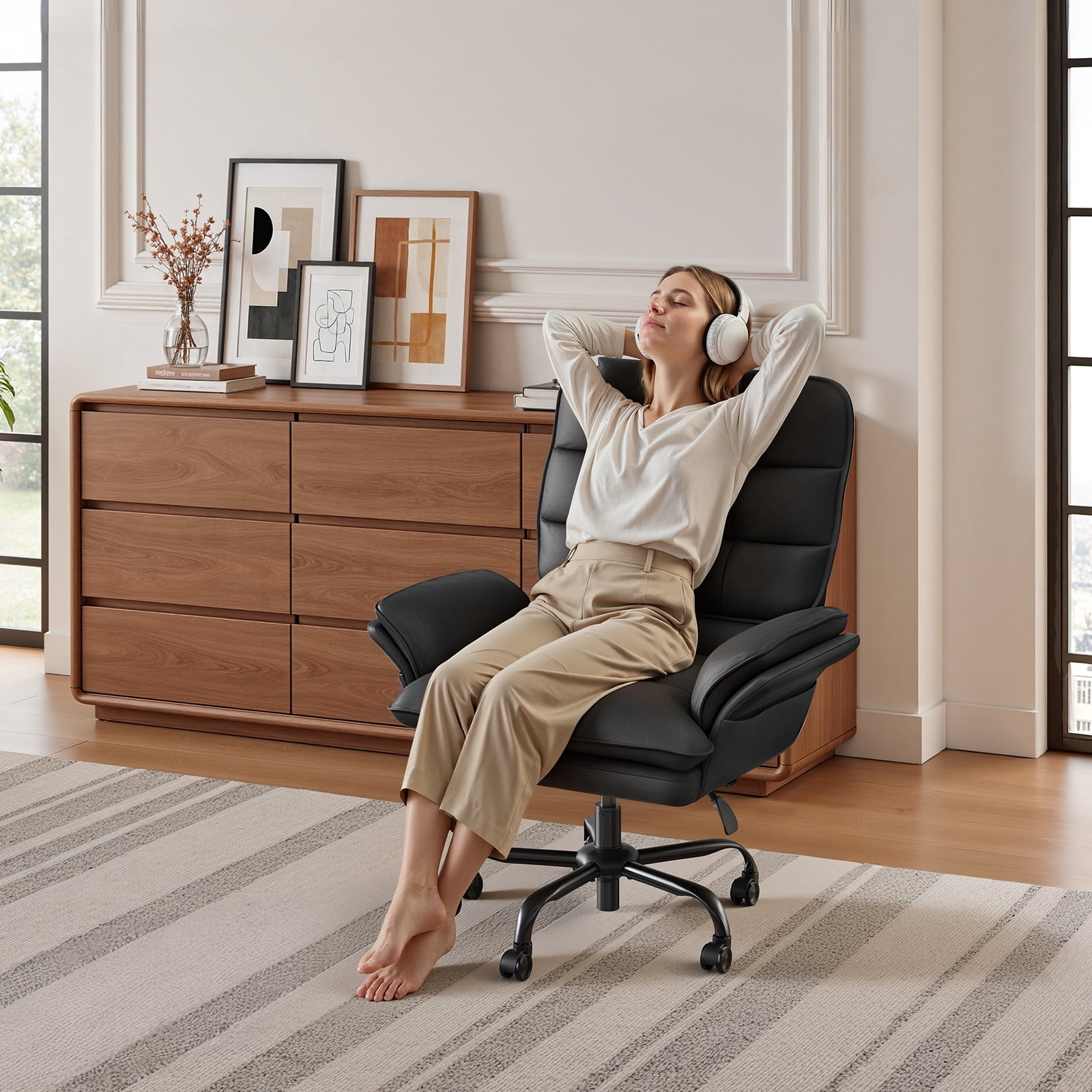 Bestier Big and Tall Ergonomic Office Chair with Flip-Up Arms, PU Leather High Back Executive Swivel Desk Chair with Side Pockets & Headrest , Height Adjustable Computer Chair for Home, Black