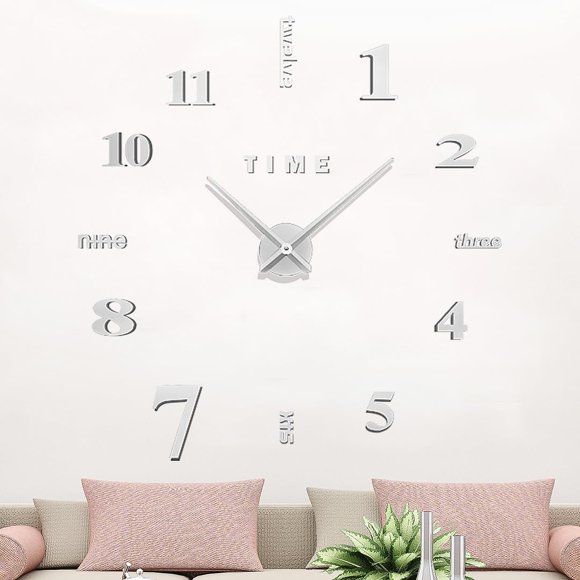 ERDS-Large DIY 3D Modern Frameless Mirror Surface Sticker Big Wall Clock Home Decoration for Living Room Bedroom Office Hotel Coffee Hall Bar Decoration (Silver)
