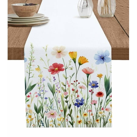 

Table Runner Dresser Scarf 13 x 108 Inch Watercolor Wildflower Spring Blue Red Flower Leaf Plant Table Runners Non-Slip Heat Kitchen Dining Table Decor for Indoor Outdoor Home Party Decoration