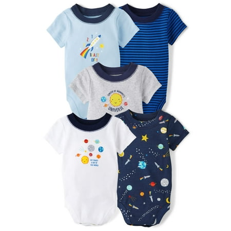 

The Children s Place Baby Boys Short Sleeve 100% Cotton Bodysuits 5 Pack Space 9-12 Months