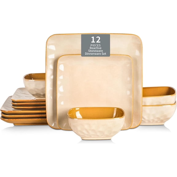 Ceramic Square 12 count Dinnerware Set - Dinner Plates Salad Plates Cereal Bowls Set Service for 4 - Scratch Resistant Microwave Oven Dishwasher Safe - Beige