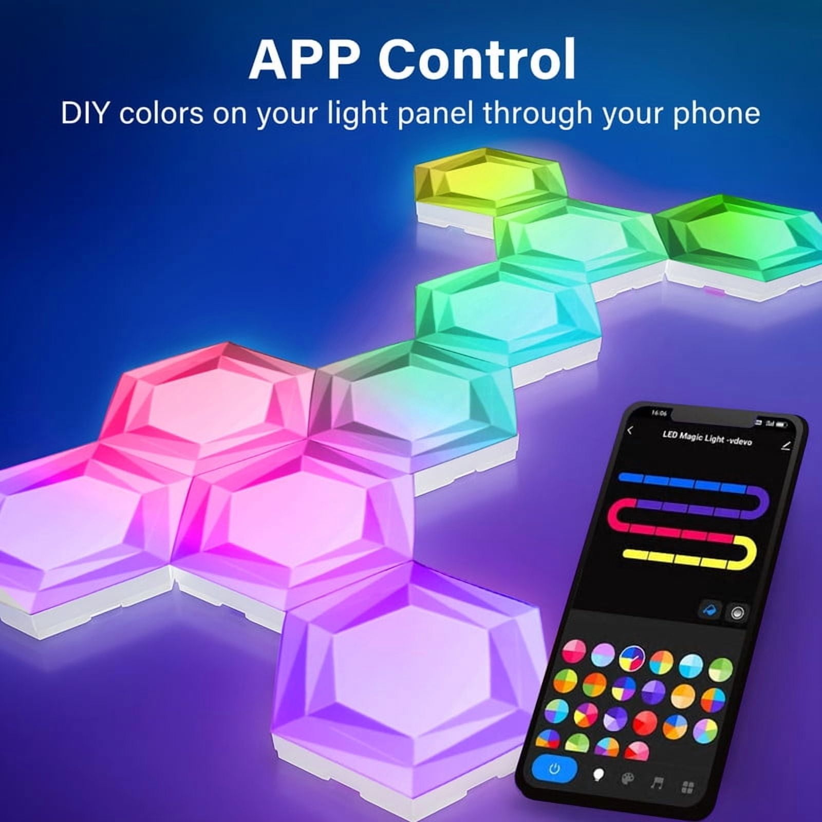 12 Pack Hexagon LED Lights with Remote & APP, Smart Hexagon Lights Sync to Music for Wall Gaming LED Lights, DIY Geometry Splicing Night Light for Game Room/Living Room/Bedroom/TV Decor