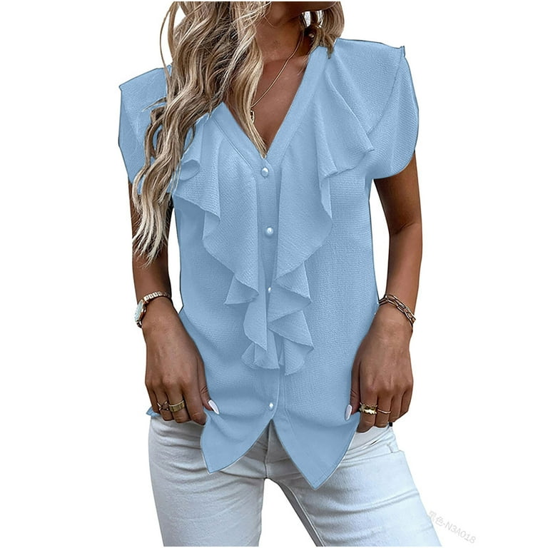 JGGSPWM Women's Short Sleeve V Neck Solid Blouse Ruffle