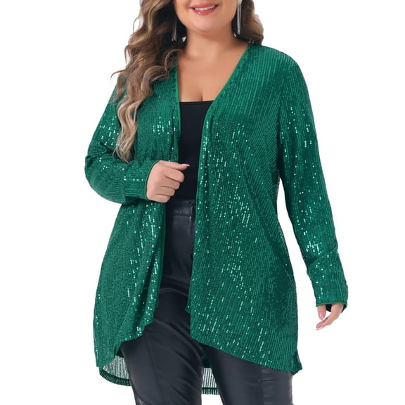 DARING DIVA Women's Plus Sequin Long Sleeve Open Front Outerwear Coat 1X Dark Green