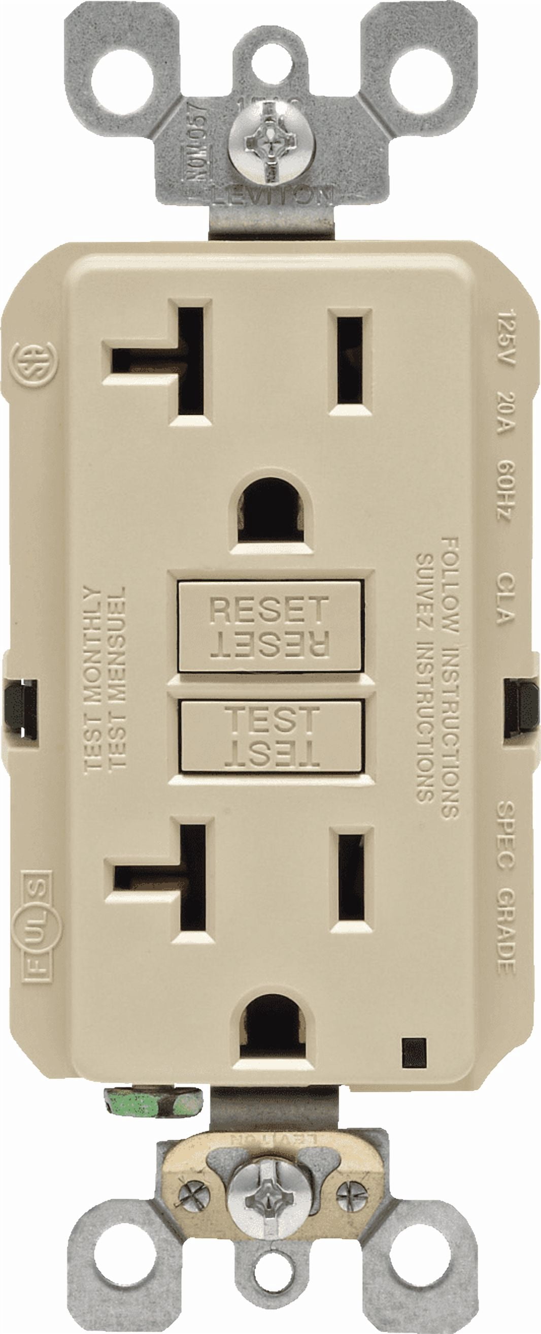Leviton GFCI Receptacle in Ivory — UL Listed for US Residential Electrical Code Compliance, Drop-in NEC-Standard Wiring