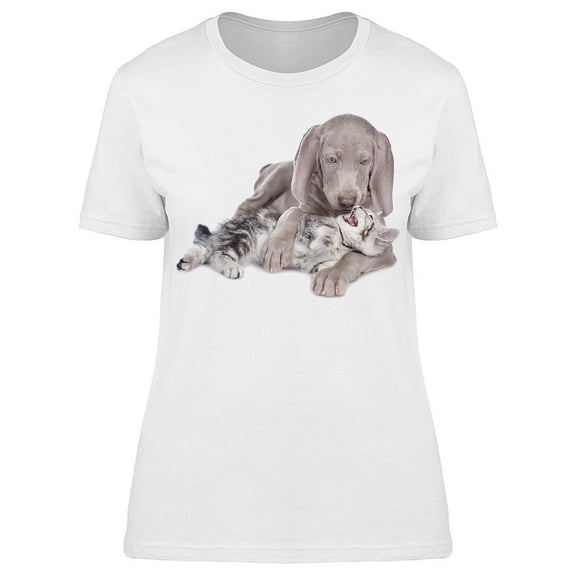 Weimaraner Hugs Angry Kitten T-Shirt Women -Image by Shutterstock, Female x-Large