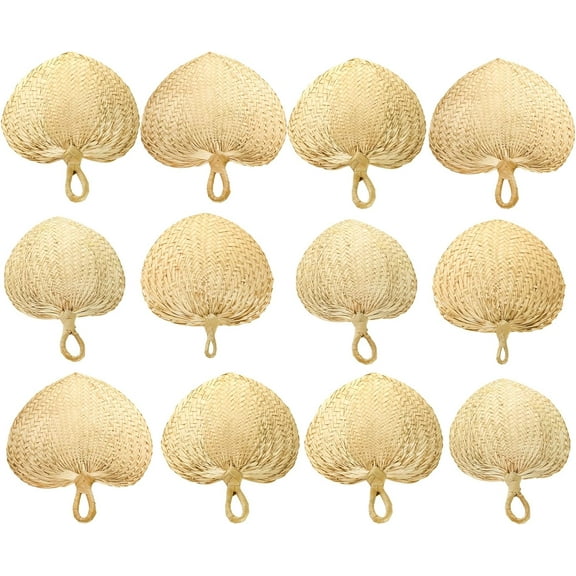 Natural Raffia Hand Fans, 12-Pack Palm Leaf Hand Fans, Buri Fans, Handmade, Fan Programs Wedding