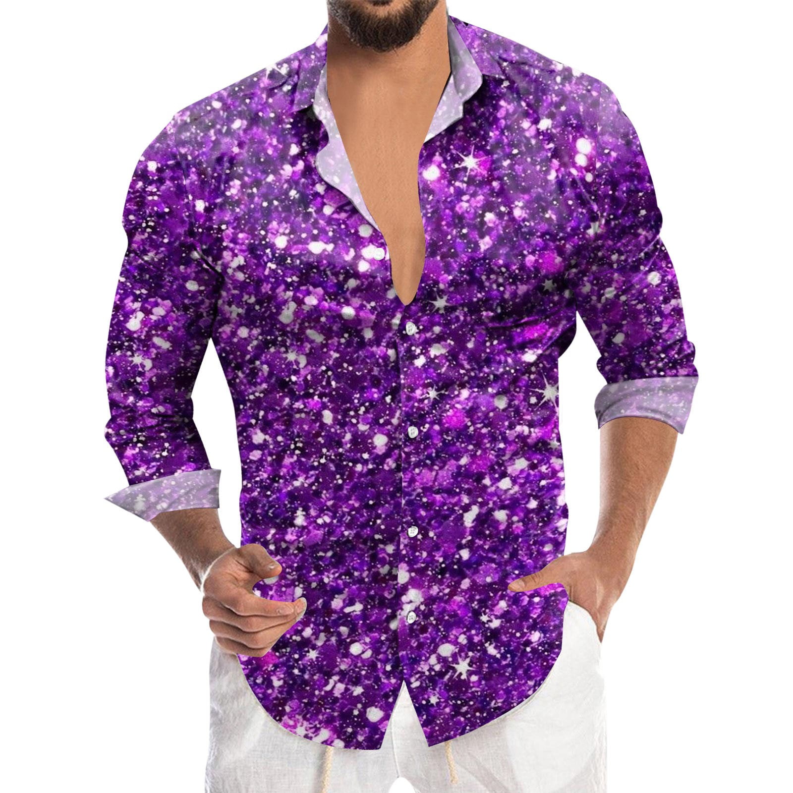 SHIXIAOO Mens Mardi Sequin Fashion Digital 3D Printed Long Sleeve