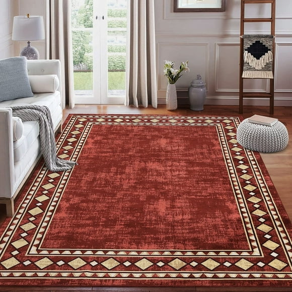 Garvee Tapis de Zone 8'x10 Pieds à Bordure Géométrique Tapis Contemporains pour Salon, Tapis Antidérapants Lavables Jetés Doux Tapis à Poils Courts Tapis Résistants aux Taches pour Chambre Salle à Manger Style Ferme, Rouge