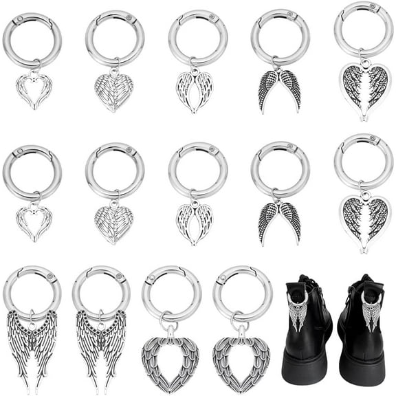 14pcs Angel Wings Shoe Charms Gothic Punk Shoe Charms 7 Styles Silver Heart Shoelace Pendant with Spring Gate Rings CharmGoth Bag Charm for Shoes Bag Purse DIY Crafts Making