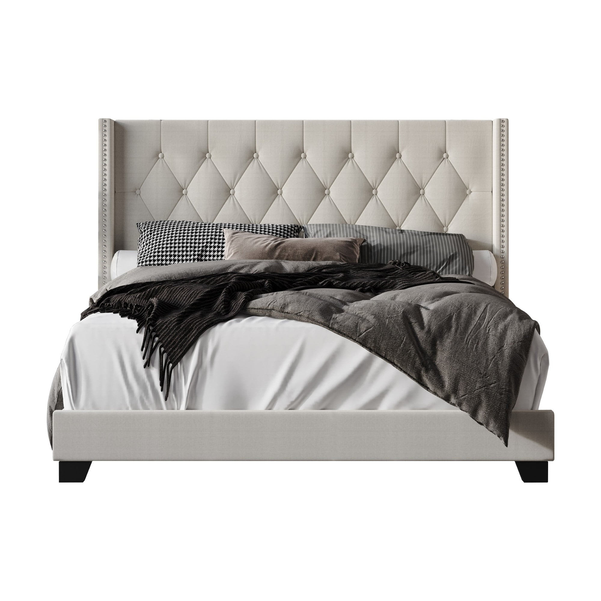 Home Design Danbury Queen Tufted Upholstered Panel Bed Frame For Adult, Box Spring Required (Sold Separately), Warm Gray