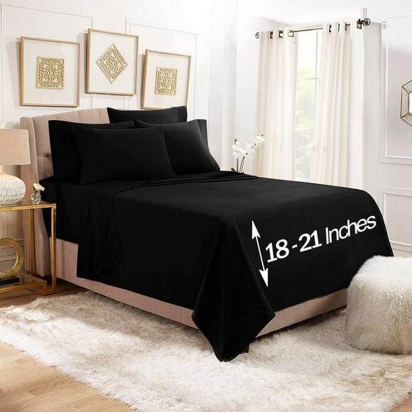 Empyrean Extra Deep Pocket Fitted Sheet - 6 Piece Sheet Set – Soft 110 GSM Deep Pocket - Deep Fitted Sheets Set - 56 x 75 inches - Full Size Sheets - Black