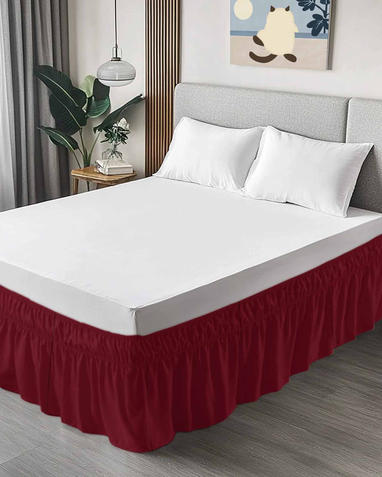 Solid Color Bed Skirt King Size 16" Drop Wine Red Ruffled Wrap Around Bed Skirts Adjustable Elastic Bedskirt Dust Ruffle for King Size Bed