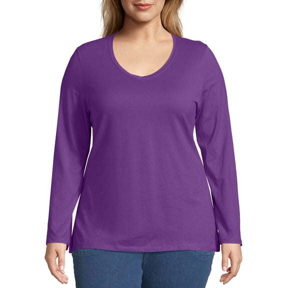 OJ043 Just My Size Long-Sleeve V-Neck 100% Cotton Women's T-shirt COLOR Violet Splendor SIZE 28
