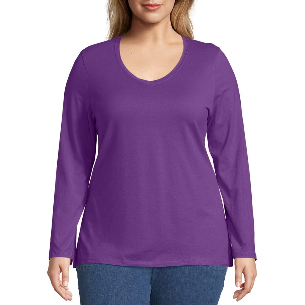Just My Size Just My Size Plus Size Womens Long Sleeve V Neck Tee