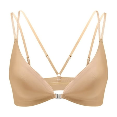 vigerkar Women s Front Closure Bras No Underwire Plunge V Neck Bra Low Cut Padded Bralettes Soft Comfy Seamless Everyday Bra Beige  L