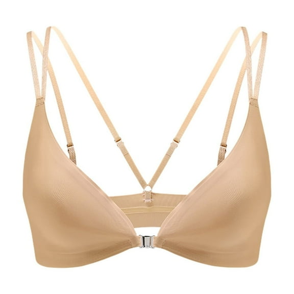 vigerkar Women's Front Closure Bras No Underwire Plunge V Neck Bra Low Cut Padded Bralettes Soft Comfy Seamless Everyday Bra Beige, M