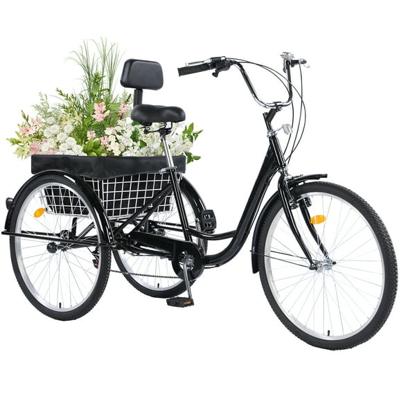 Jacgood Adult Tricycle 26" Wheels 7-Speed Trike 3 Wheels Trike with Basket and Adjustable Paddle Portable Bicycle for Adults Exercise Shopping Picnic Outdoor Activities, Black