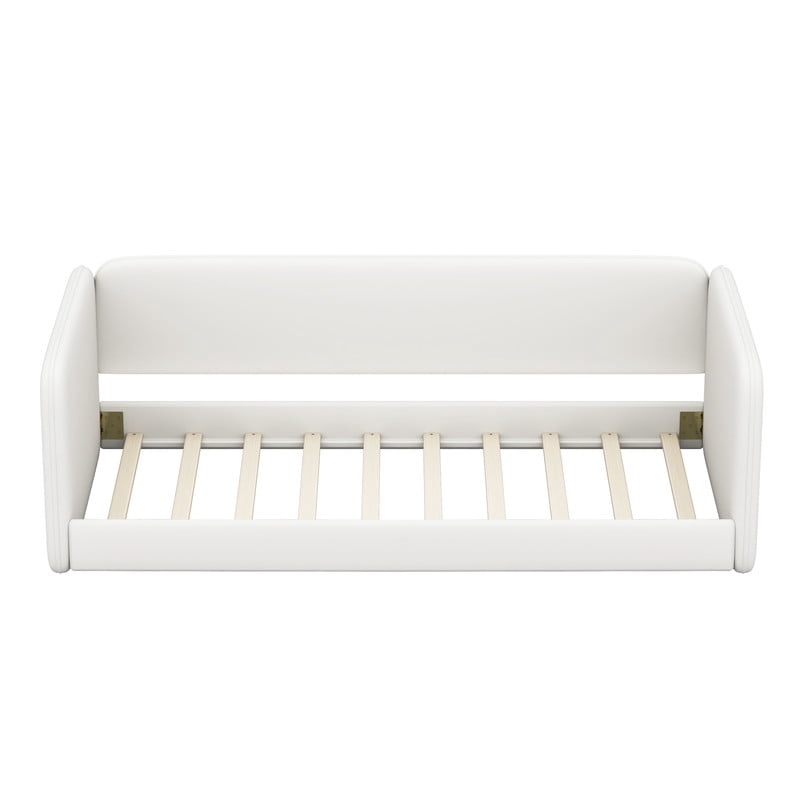 Twin Size Kids Low Profile Platform Floor Bed with Headboard and Armrests, Velvet Upholstered Child Daybed Frame with Guardrail