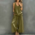 thumbnail image 4 of IUYRTFE Women's V Neck Sleeveless Top and Wide Leg Pants Set Drawstring Waist Cotton Linen Lounge Outfit, 4 of 7