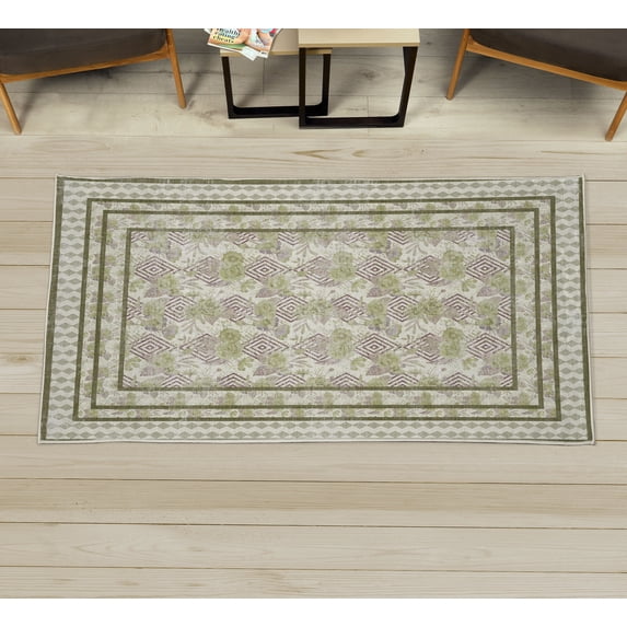 Modern Decorative Rug, Tropical Look Wild Roses and Geometric Rhombuses Floral Concept Artwork, Quality Carpet for Bedroom Dorm and Living Room, 6 Sizes, Plum Pistachio Green, by Ambesonne