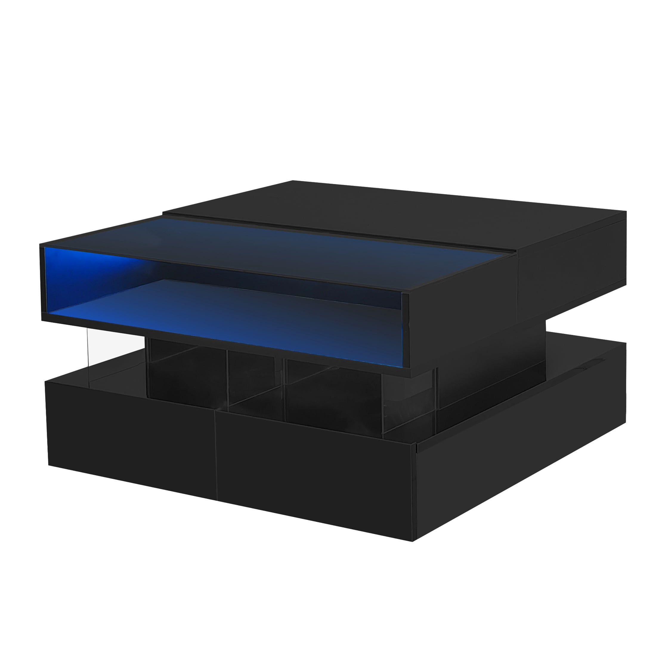 SESSLIFE Coffee Table, Lift-Top Living Room Table with LED Lights, 29.5" Square Tempered Glass Center Table with Hidden Compartment & 2 Large Drawers, Easy Assembly, Black
