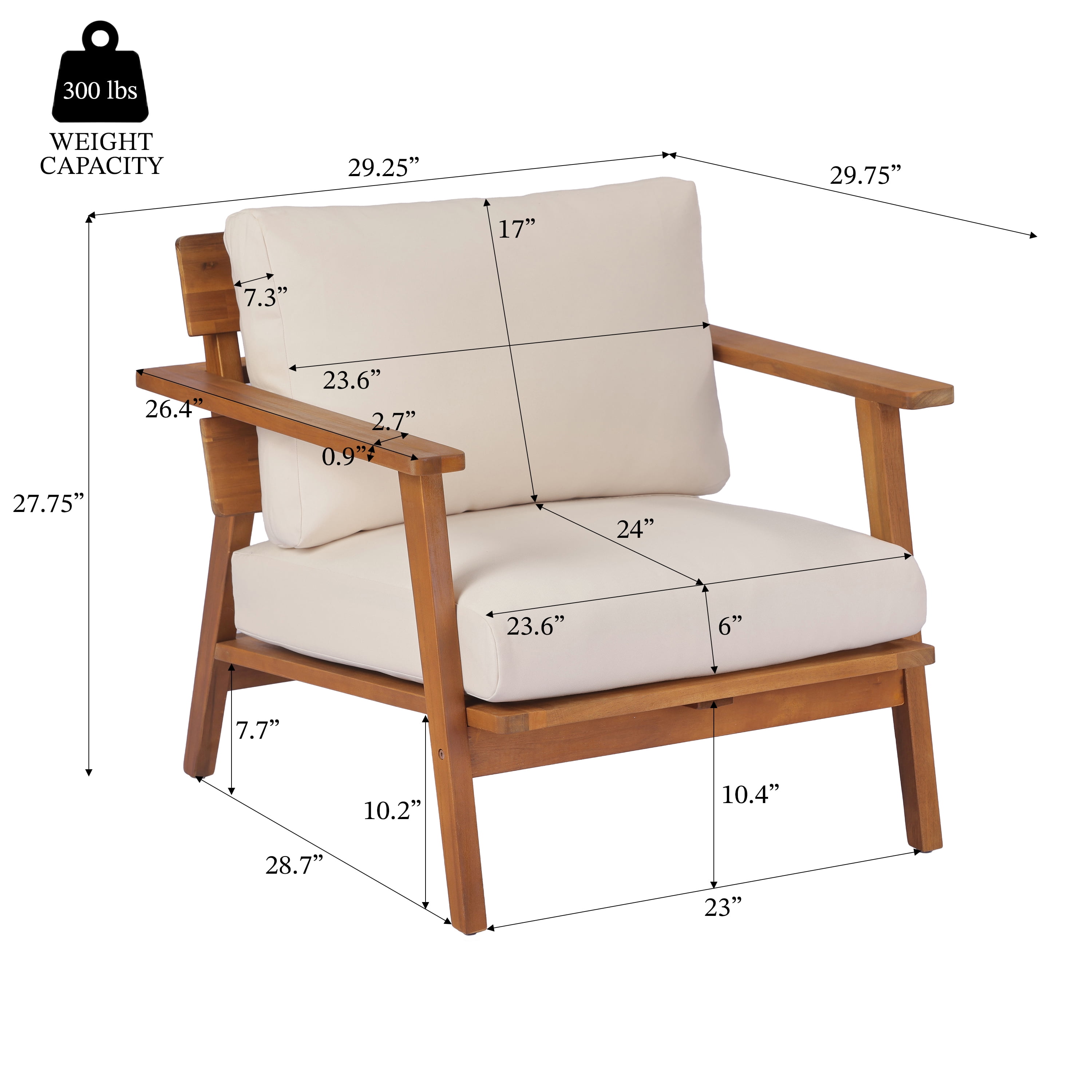 Outdoor Club Chair, 29.5 Inch Mid-Century Acacia Wood Chair for Patio Garden, Teak and Cream