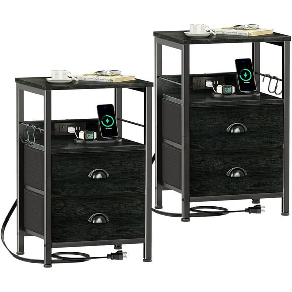 Nightstand Set of 2, Black Oak, with Charging Station and USB Ports, Side Tables with 2 Fabric Drawers, Bedside Tables with Storage Shelf & Hooks, for Living Room/Bedroom