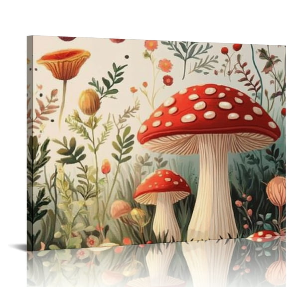 ZFLMY Mushroom Flowers Plants Print On Canvas Wall Decor for Bathroom, Ready To Hang Room Home Art Decor 16x12in