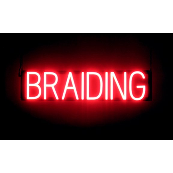 SpellBrite BRAIDING LED Sign for Business. 27.0" x 6.3" Red BRAIDING Sign Has Neon Sign Look With Energy Efficient LED Light Source. Visible from 500+ Feet, 8 Animation Settings.