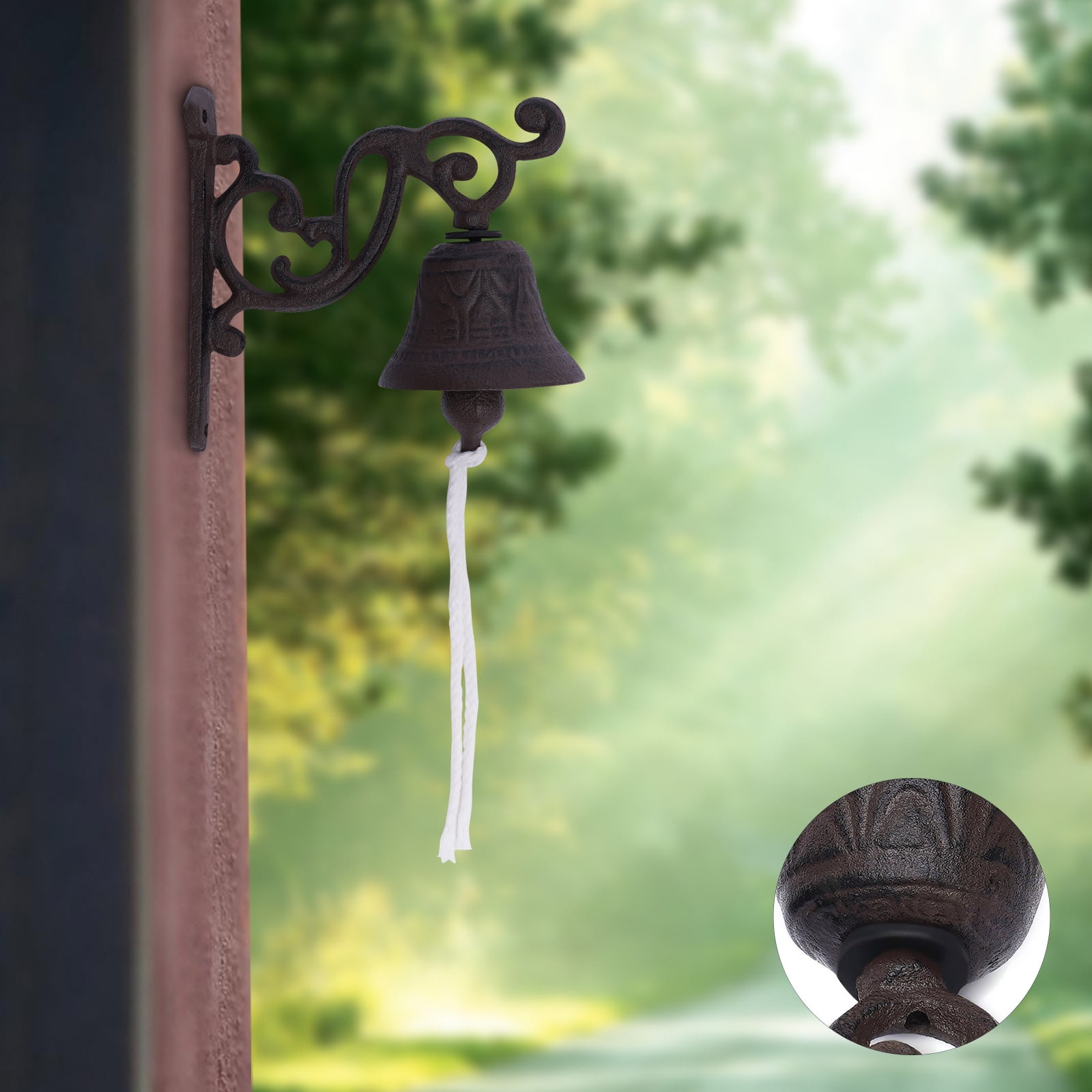 13.5*13.5cm Cast Iron Door Bell Wall Mounted Vintage Faux Bronze Outside Decorative Accent Bells with Practical Rope