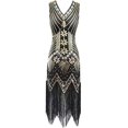 thumbnail image 1 of Vestido con escote en V, flecos, lentejuelas y cuentas de los años 20 de FEPITO, con conjunto de accesorios de los años 20, 1 of 5