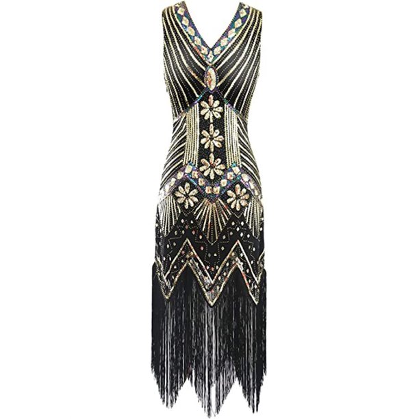 Vestido con escote en V, flecos, lentejuelas y cuentas de los años 20 de FEPITO, con conjunto de accesorios de los años 20