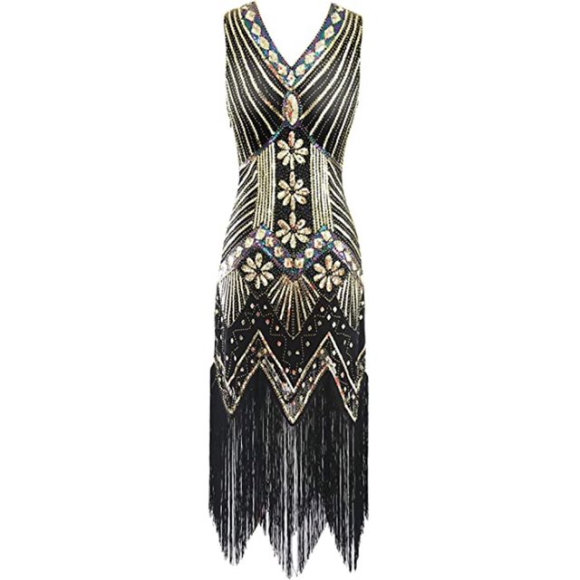 Vestido con escote en V, flecos, lentejuelas y cuentas de los años 20 de FEPITO, con conjunto de accesorios de los años 20