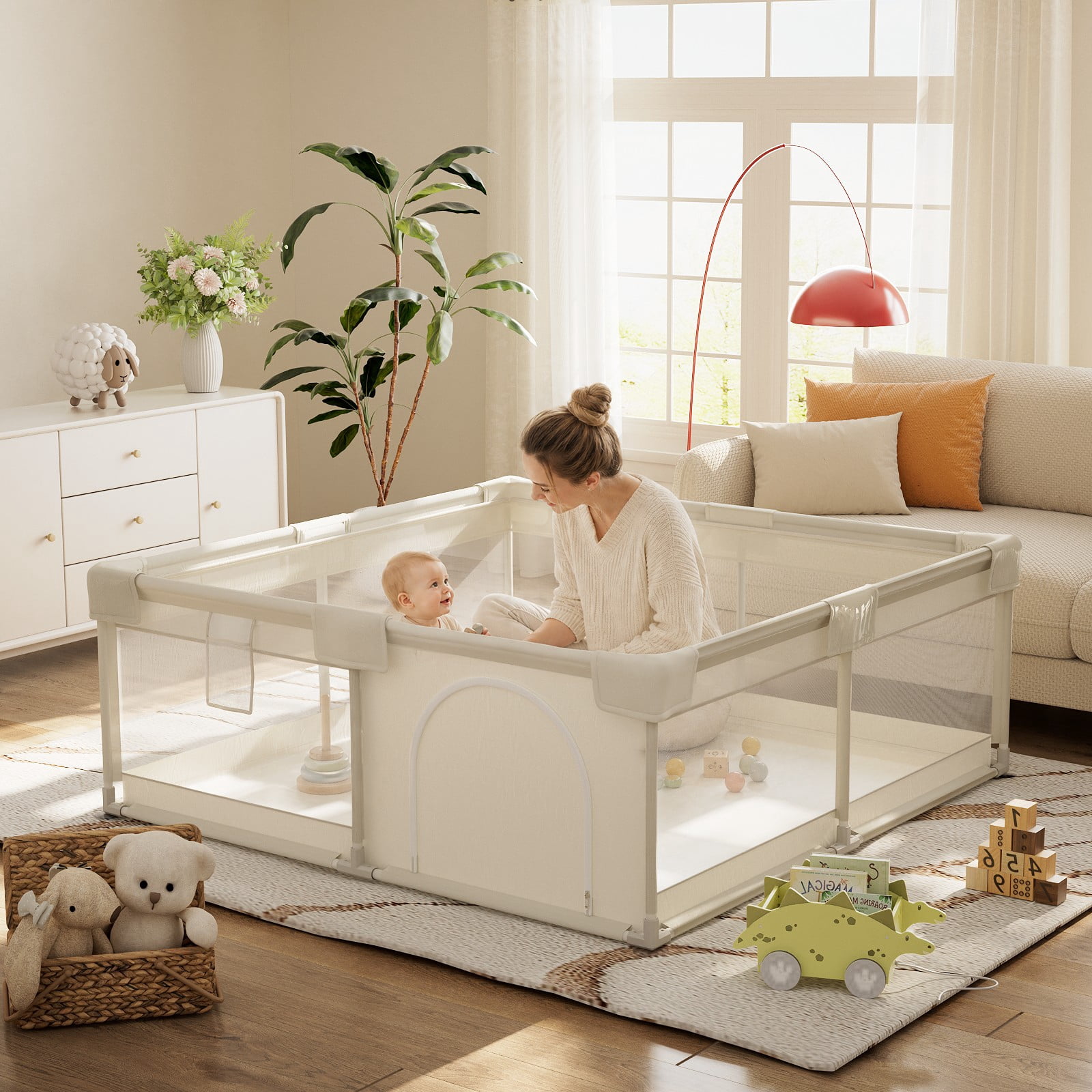 BEAUTYPEAK 60"x60" Large Baby Playpen Toddler Play Yard Fence for Boys and Girls, Light Gray