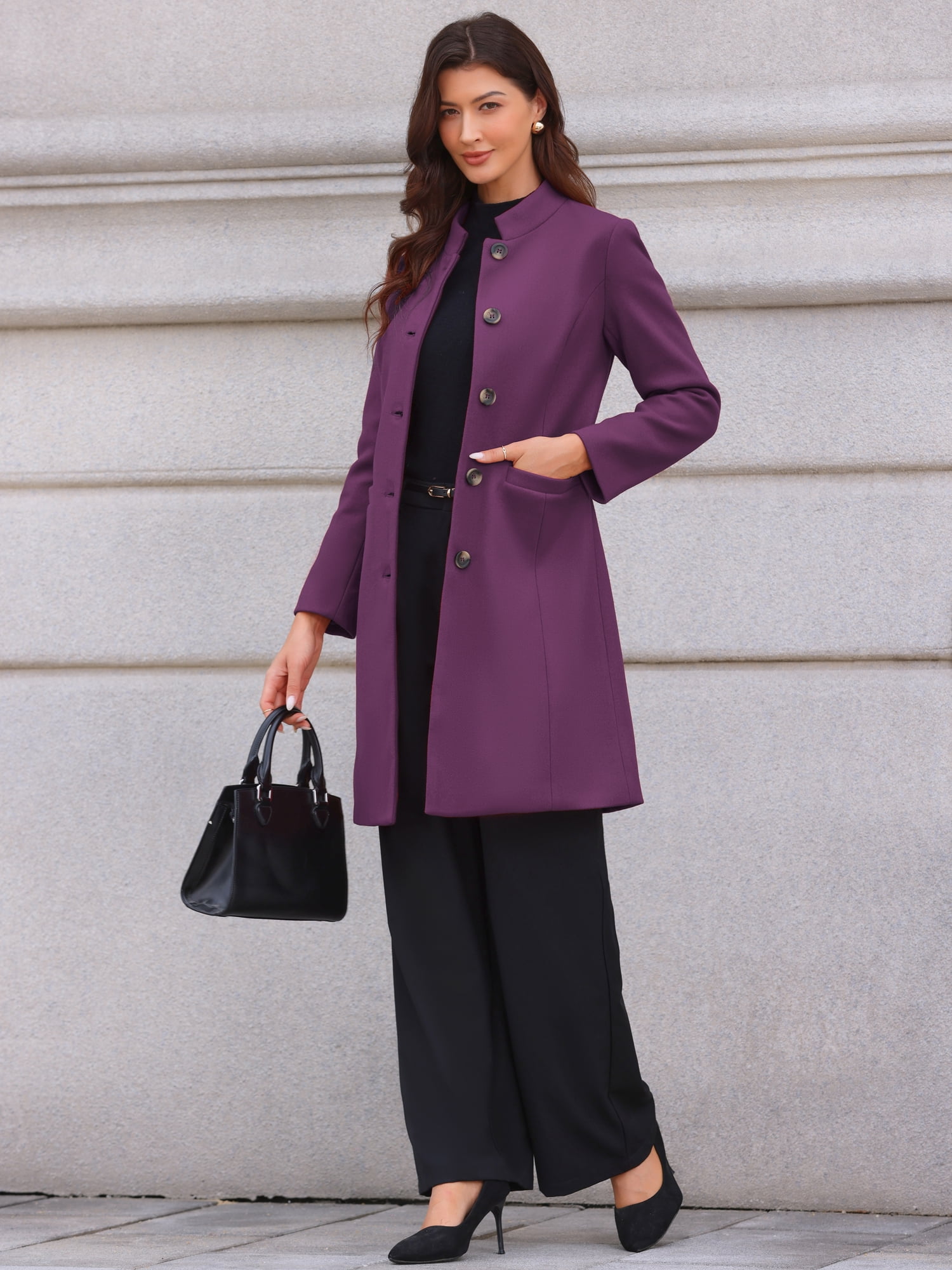 DARING DIVA Women's Stand Collar Mid-Length Overcoat with Pockets L Purple
