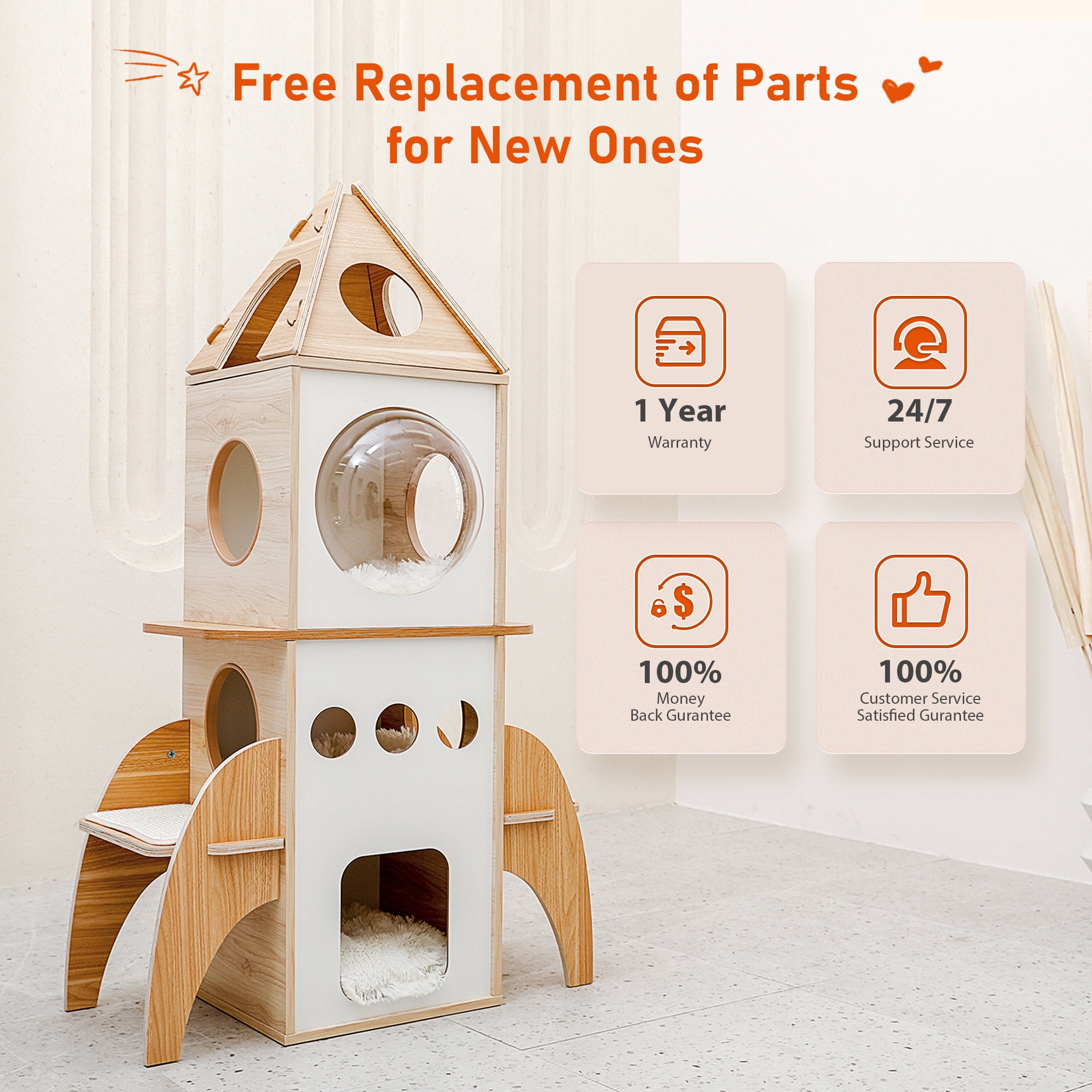 Kadyn 54" Multi-Level Cat Tower for Indoor, Cat Tree Rocket Shape Condo for Multiple Cats with 3 Condos, Dangling Balls, Attic Perch, Beige