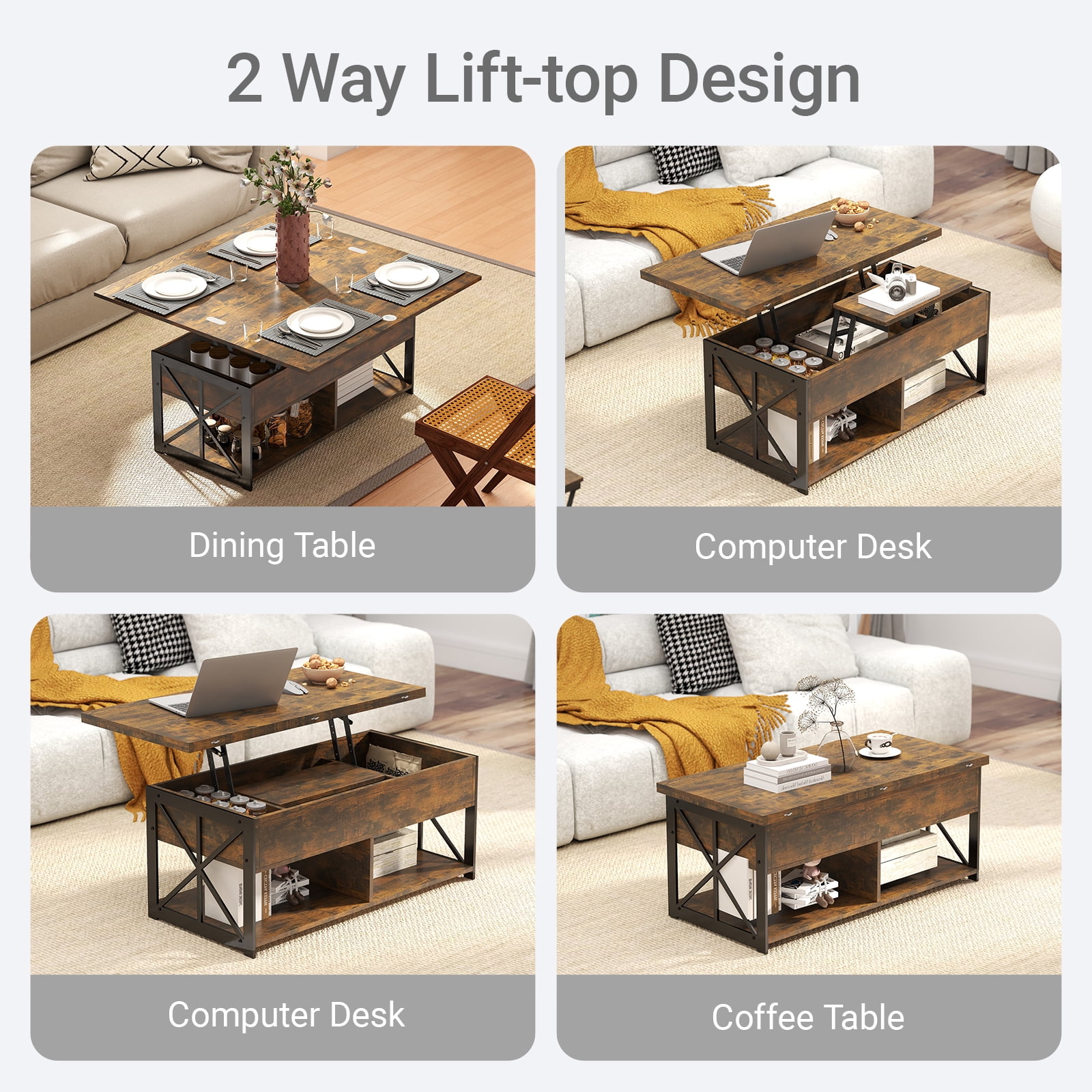 Manora Lift Top Coffee Table, Wooden Convertible Coffee Table with Storage for Living Room&Dining Room,Brown