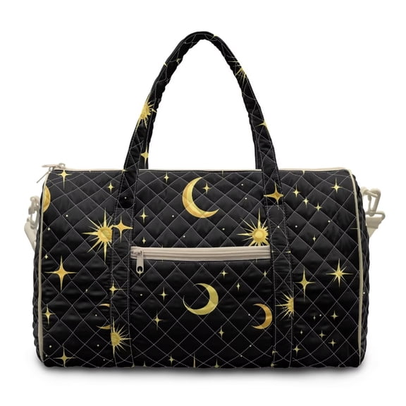 Garronmavis Sun Moon Star Large Quilted Duffle Bag for Women, Weekender Travel Bag Carry On Overnight Tote Gym Dance Bag with Zipper Pockets