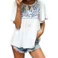 thumbnail image 3 of HUBERY Women Lace Up Floral Printed Ruffled Spliced Flare Short Sleeve Blouse, 3 of 5