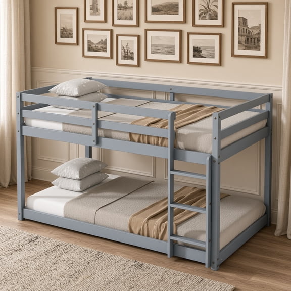 Twin over Twin Floor Bunk Bed with Ladder, Solid Rubber Wood, Strengthened Slats, Grey